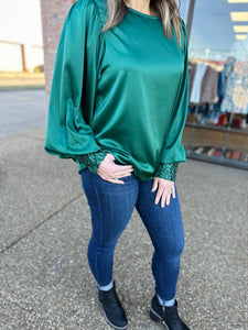 Spruce Sequin Cuff Satin Blouse