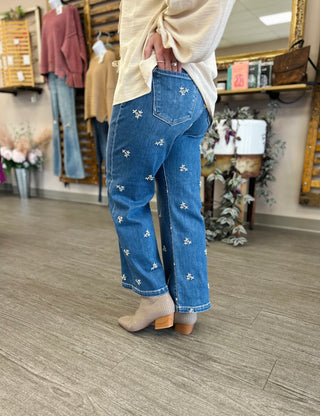 Tummy Control HR Embroidered Wide Leg Jeans