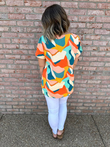 Teal Detailed Sleeve Abstract Blouse