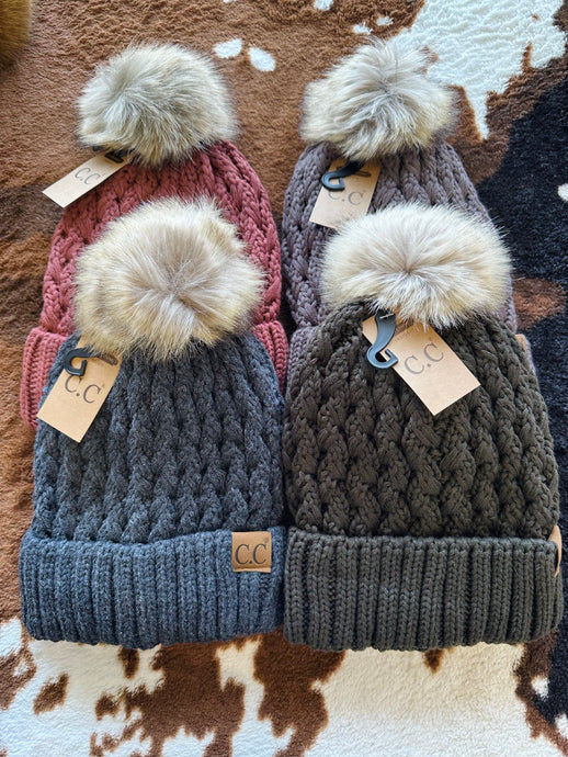 Solid Lattice Stitch Fur Pom Beanie