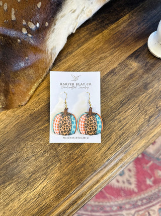 Rustic Plaid Leopard Pumpkin Earrings