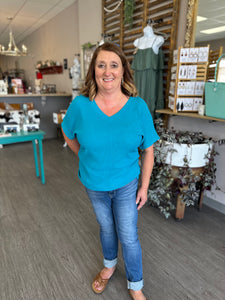 Bright Teal V Neck Top