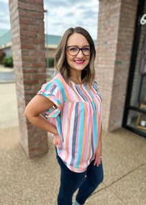 Colorful Striped Ruffle Sleeve Blouse