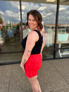 Fiesta Red Tummy Control Fray Hem Shorts