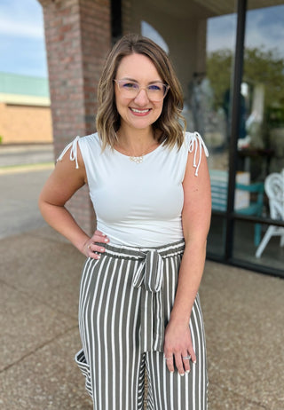 Sculpted Tie Shoulder Top in White