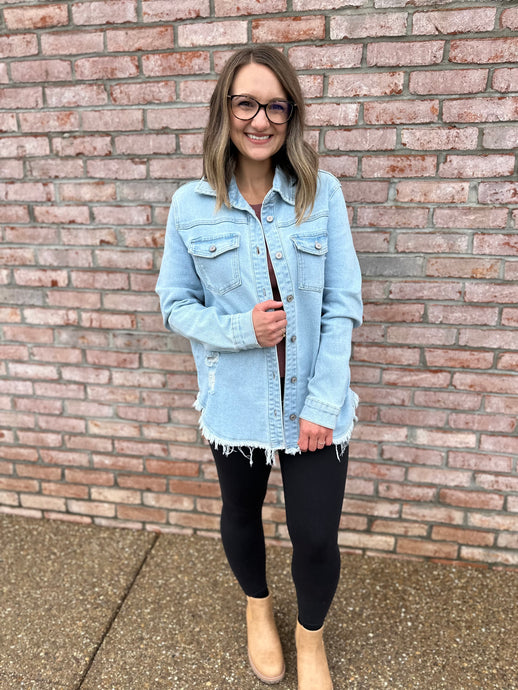 Distressed Light Wash Denim Button Down Jacket