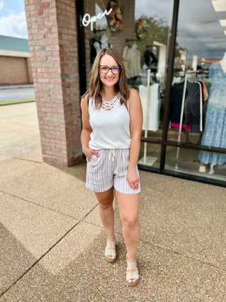 Coconut Cream Linen Striped Shorts