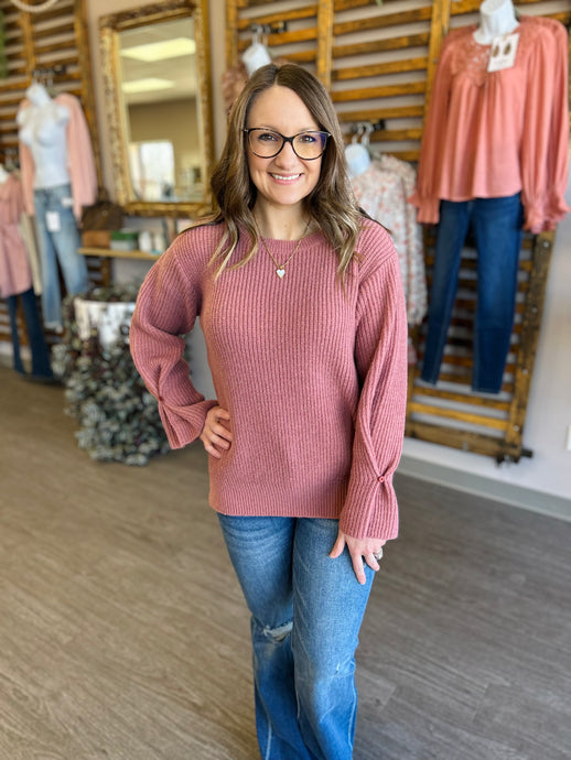 Dusty Rose Button Detail Ribbed Sweater Top