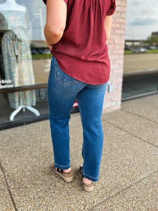 Dark Wash Light Distressed Cropped Straight