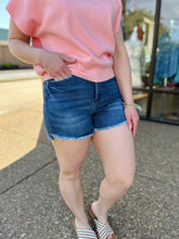 Load image into Gallery viewer, Dark Wash Tummy Control Step Fray Hem Shorts