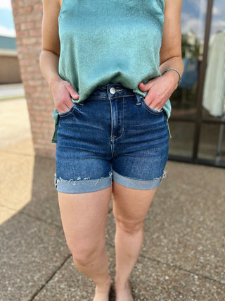 Dark Wash Highrise Cuffed Shorts