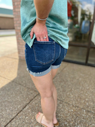 Dark Wash Highrise Cuffed Shorts