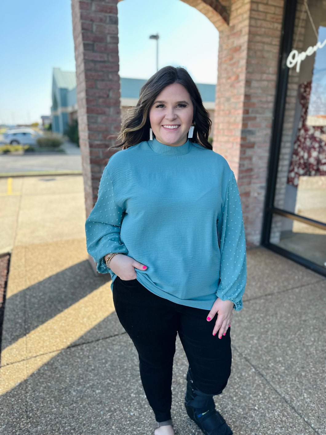 Detailed Dusty Teal Balloon Sleeve Blouse