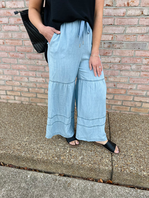 Chambray Tiered Wide Leg Pants