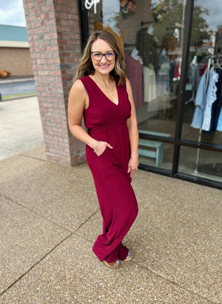 Burgundy Bliss V Neck Jumpsuit