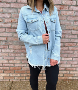 Distressed Light Wash Denim Button Down Jacket