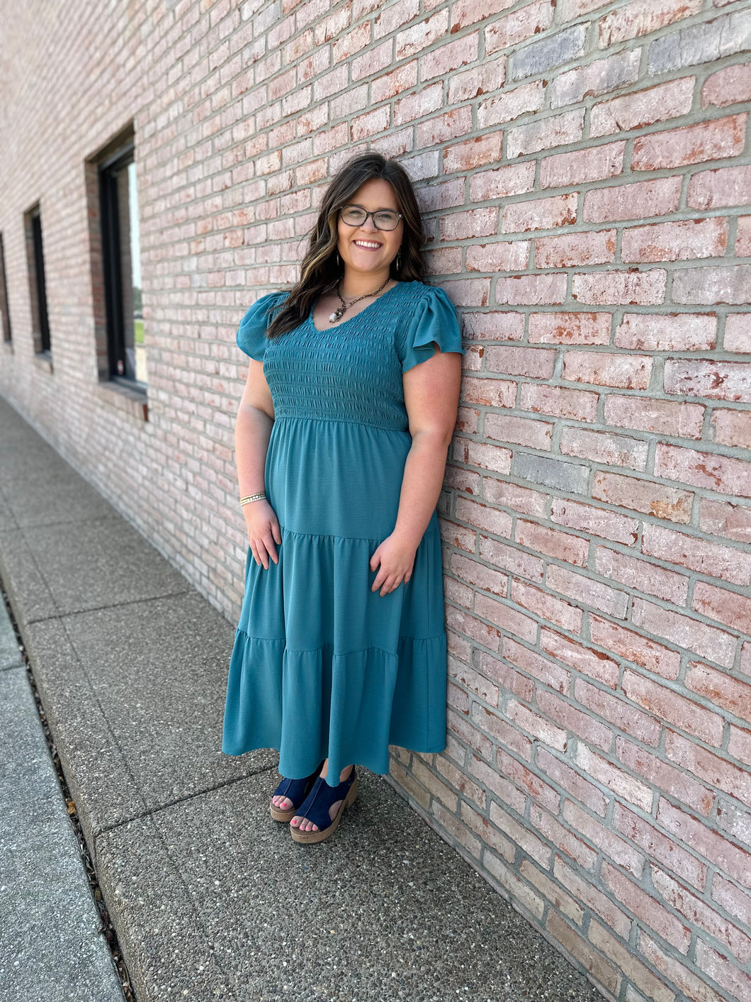 Dark Teal Ruffle Sleeve Dress