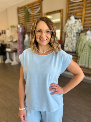 Sunlit Linen Top in Sky Blue