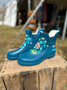 Blue Floral Ankle Rain Boots