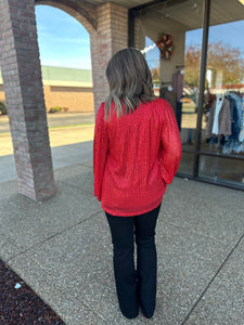 Red Sequin Balloon Sleeve Blouse