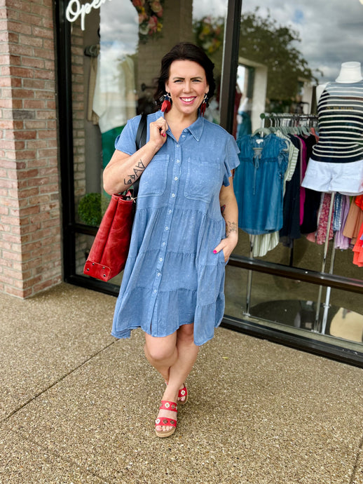Dusty Indigo Collared Pocket Dress