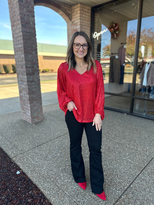 Red Sequin Balloon Sleeve Blouse