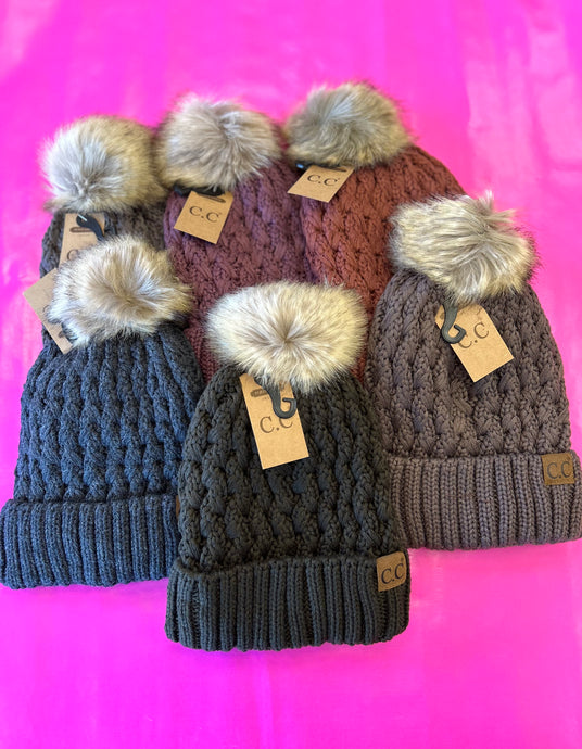 Solid Lattice Stitch Fur Pom Beanie