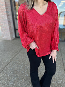 Red Sequin Balloon Sleeve Blouse