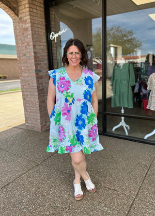 Sky Floral Pocket Mini Dress