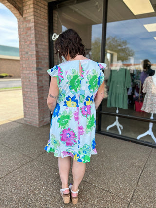 Sky Floral Pocket Mini Dress
