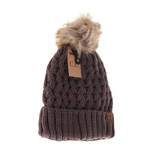 Solid Lattice Stitch Fur Pom Beanie