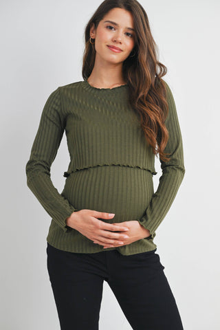 Olive Ribbed Knit Nursing Maternity Top