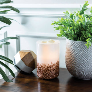 Ambre Illumination fragrance warmer glowing on wooden surface with decorative objects and plants