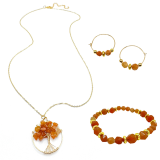 Alegria Accessories Ashton Necklace set featuring tree of life pendant, hoop earrings, and beaded bracelet with gemstones.