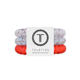 TELETIES hair ties package showing clear and red spiral hair ties with brand logo