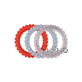 TELETIES hair ties in various colors and patterns displayed on transparent background