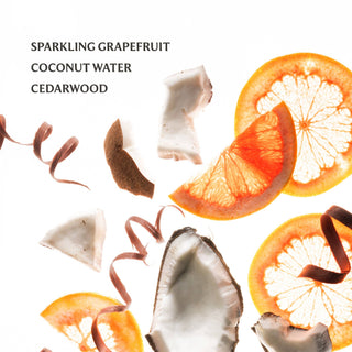 Sliced grapefruit, coconut pieces, and cedarwood shavings floating on white background showcasing hand sanitizer ingredients.