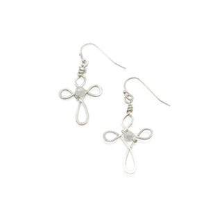 Silver wire cross earrings with faceted crystal bead center and French hook ear wires.