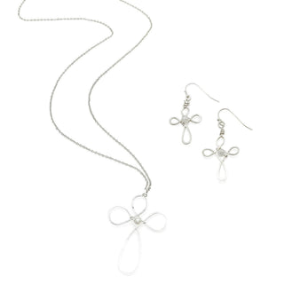 Silver wire cross pendant necklace and matching dangle earrings set with pearl accents.