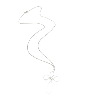 Silver wire cross pendant necklace with pearl center on delicate chain with lobster clasp.