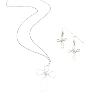 Silver wire cross pendant necklace with pearl accent and matching cross drop earrings set.