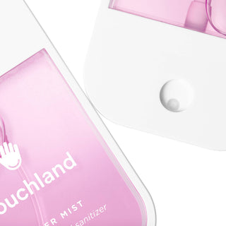 Pink hand sanitizer mist bottle with white cap and branding on clean white background