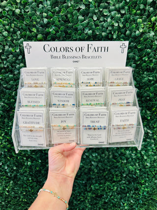 Ganz Colors of Faith Bible Blessings Bracelets display stand with 12 beaded bracelet varieties.