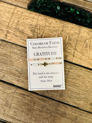 Ganz Colors of Faith Bible Blessings Bracelet with cross charm on Gratitude scripture card.