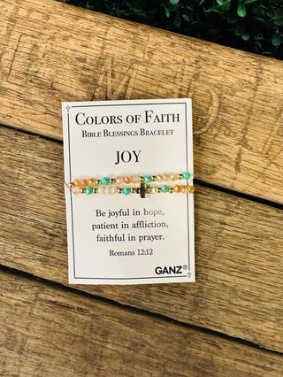 Ganz Colors of Faith Bible Blessings Bracelet displayed on card with Romans 12:12 scripture verse.
