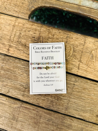 Ganz Colors of Faith Bible Blessings Bracelet with beaded cross design displayed on card.