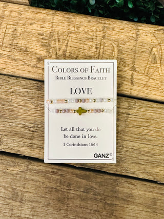 Ganz Colors of Faith Bible Blessings Bracelet with beaded design and gold cross charm on card.