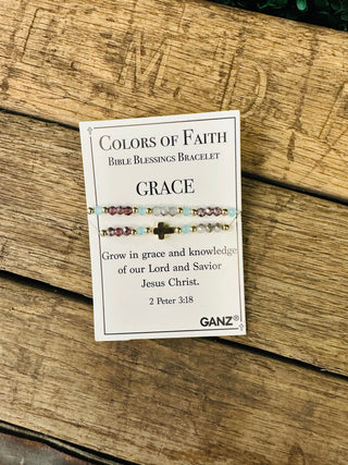 Ganz Colors of Faith Bible Blessings Bracelet with cross charm displayed on packaging card.