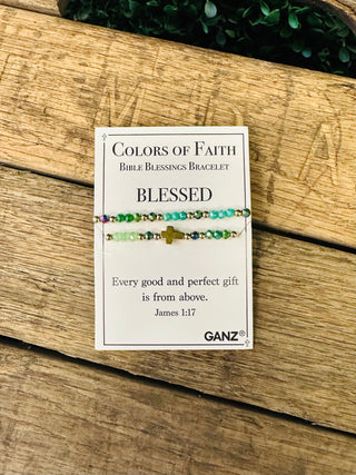 Ganz Colors of Faith Bible Blessings Bracelet with cross charm displayed on decorative card.