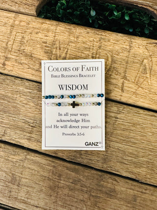 Ganz Colors of Faith Bible Blessings Bracelet with cross charm on Wisdom scripture card.